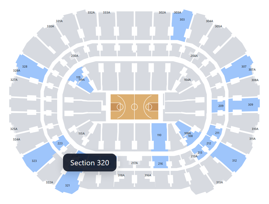 Seatpano section map of an arena: available sections in blue, a hovered section showing its name, the court painted in the middle